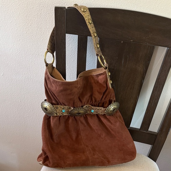 Kathy Van Zeeland Y2K Western Faux Suede Bucket Shoulder Bag Purse Brown Medium - Picture 1 of 10